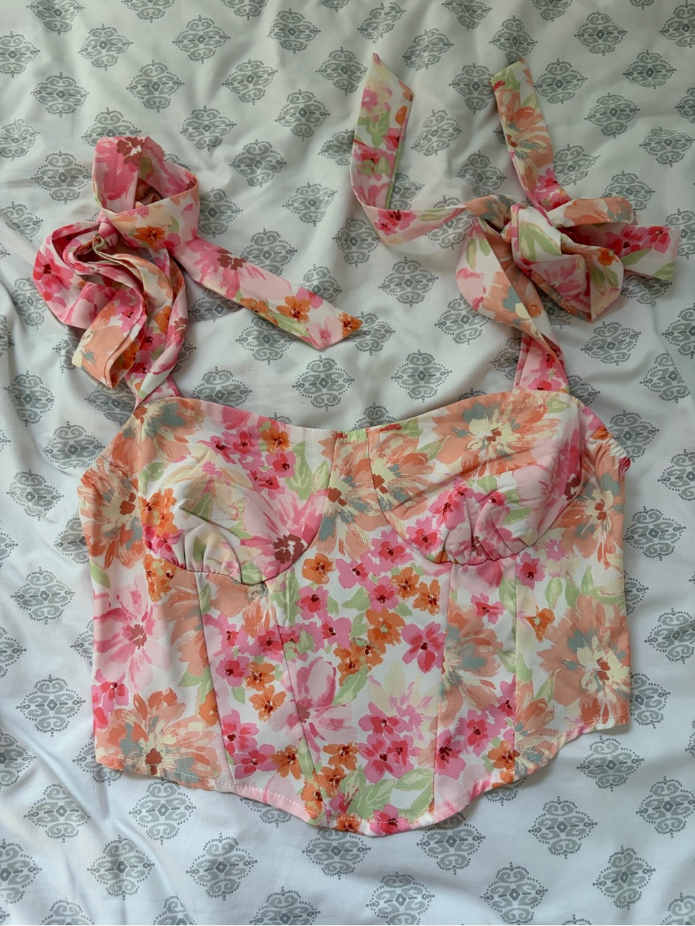 SHEIN Pink Floral Smocked Bustier Crop Top